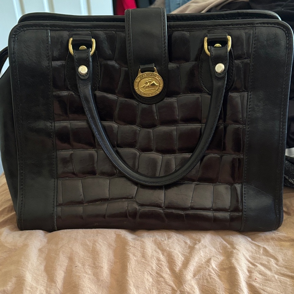 Brahmin Black Croc-Embossed Bag with Gold Emblem